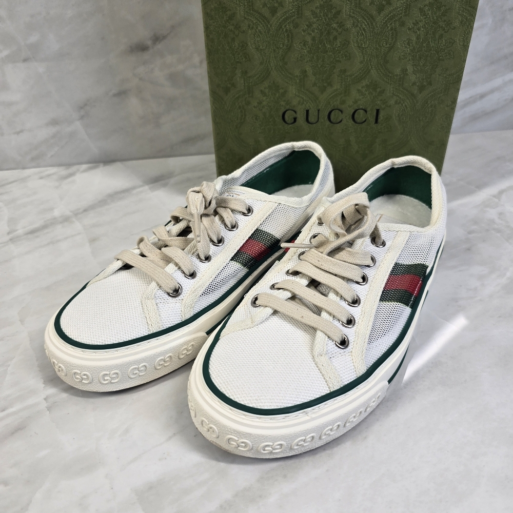 Gucci White Canvas Sneakers with Green and Red Stripes